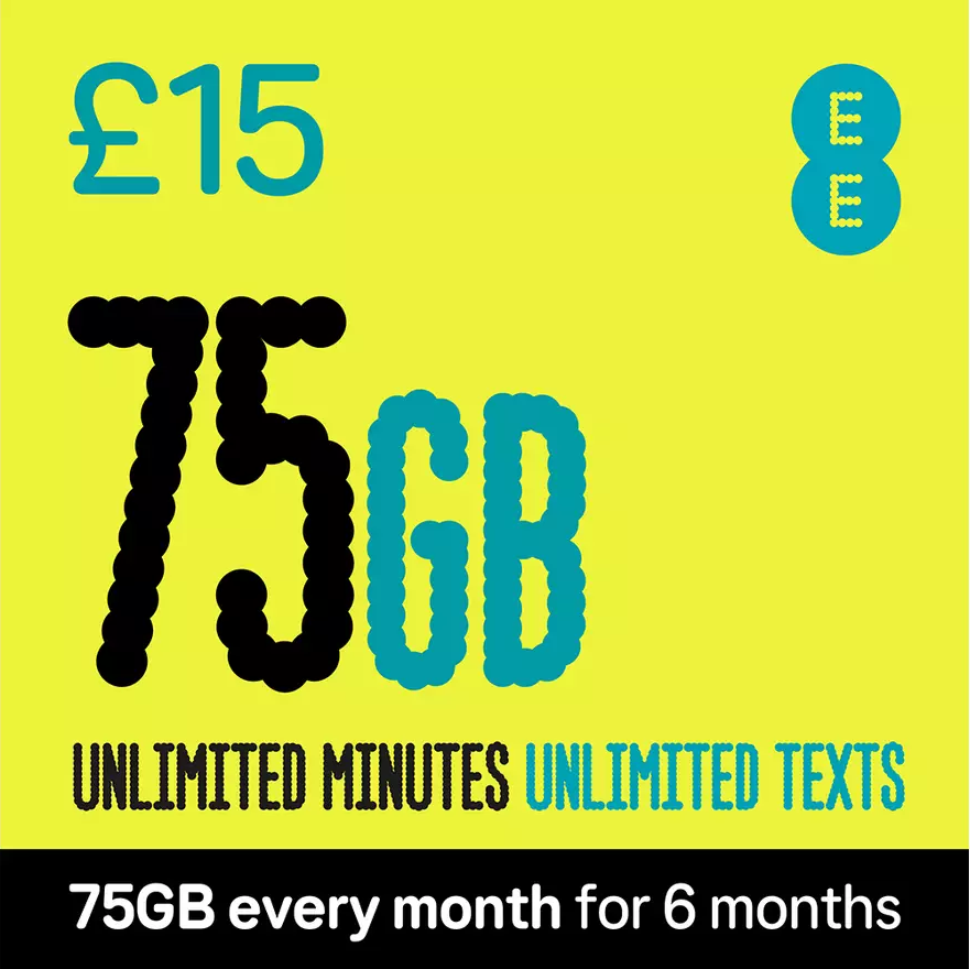 EE Extra Data 75GB Pay As You Go SIM Card 2026