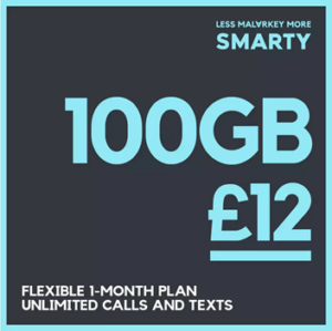 SMARTY 100GB 30 Day Pay As You Go SIM Card 2026