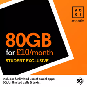 VOXI Student 80GB 30 Day Pay As You Go SIM Card 2026